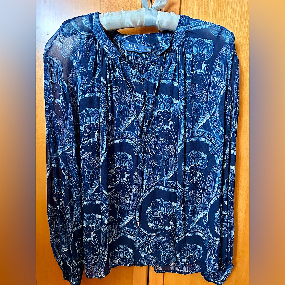EUC Ralph Lauren Women's 2 in 1 Navy Paisley Silk Blouse  size S